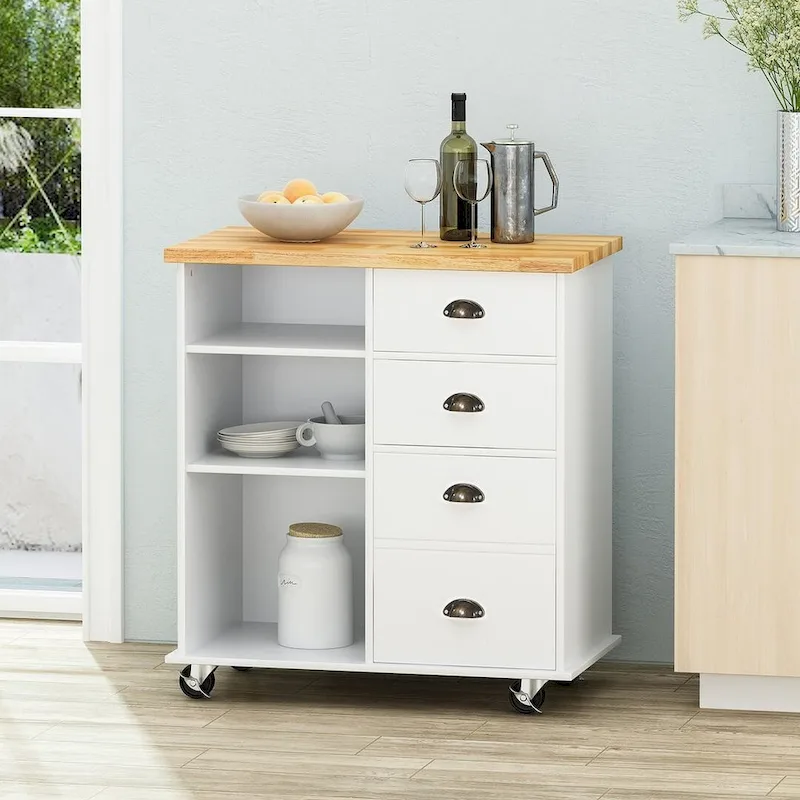 Contemporary Wood Kitchen Cart with Wheels Drawers and Cabinet by