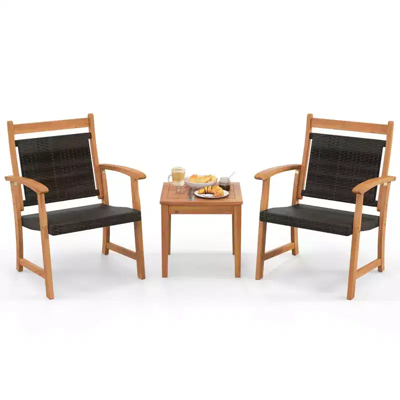Costway 3PCS Patio Rattan Bistro Set Acacia Wood Frame Armrest Chairs Garden