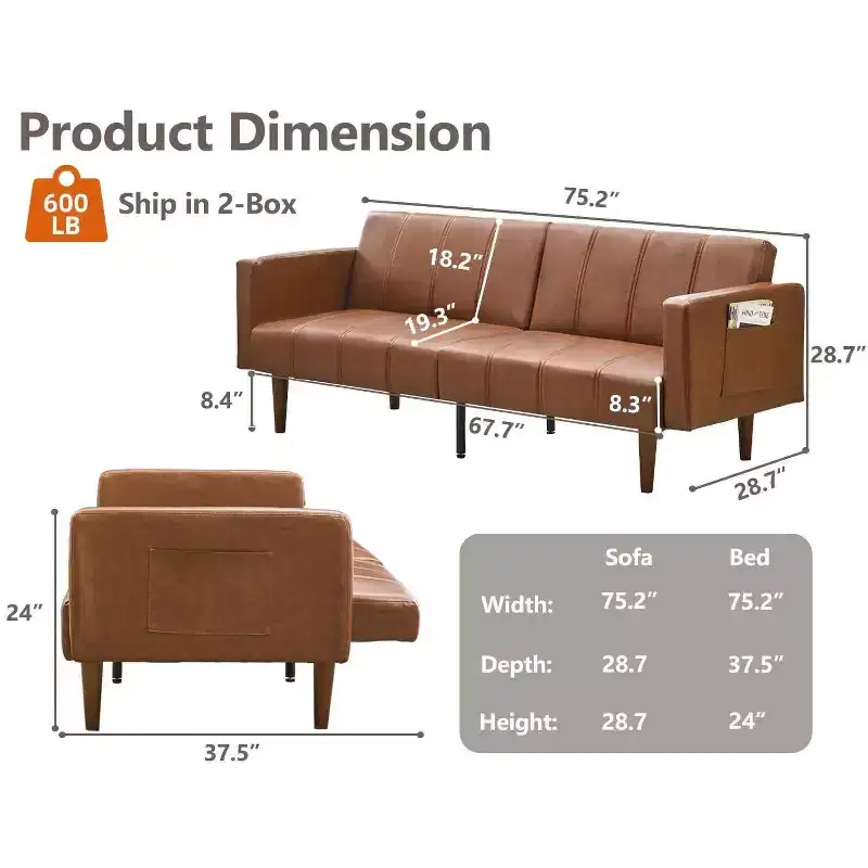 75 Mid-Century Modern Futon Sofa Bed - Convertible PU Leather Sleeper with Adjustable Backrest
