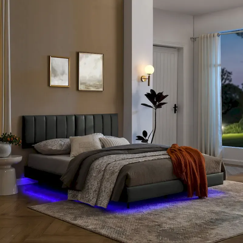 Floating Bed Frame With Led Lights And Wall Mounted Headboard
