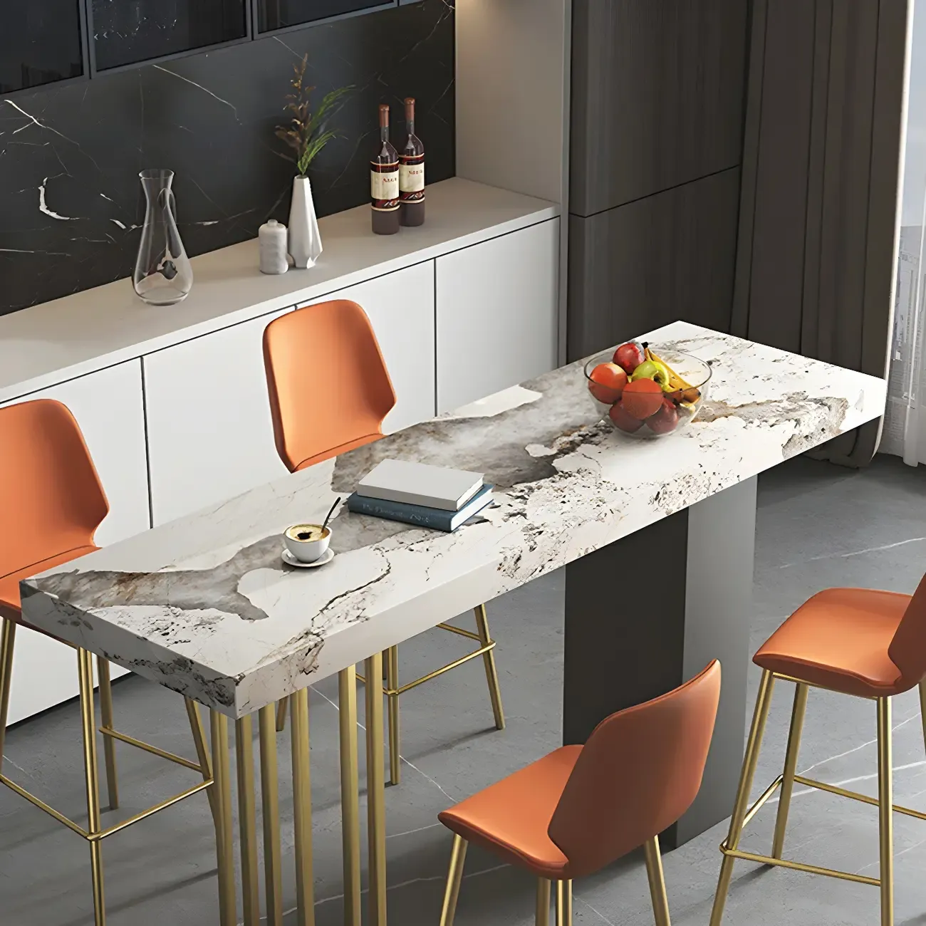 Modern Black Stone Counter Height Metal Rectangular Bar Table