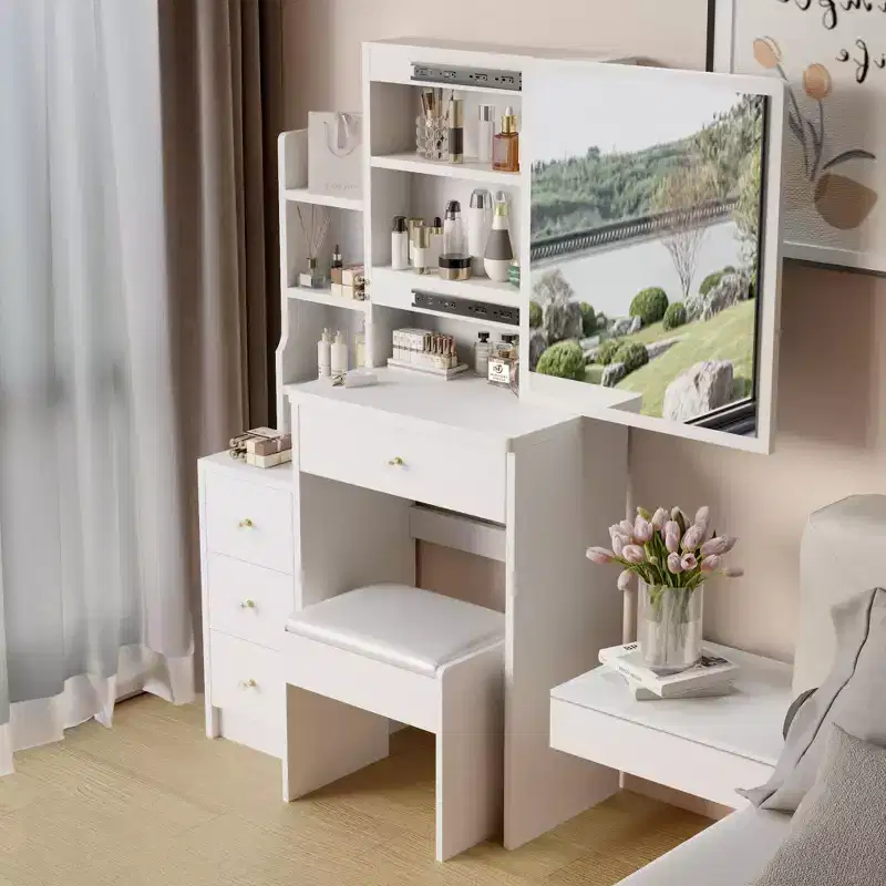 Okak Vanity Table Mirror with Lights and Table Set,29.2 Small Space Left Bedside Cabinet Vanity Table with Multi Layer High Capacity Storage,White