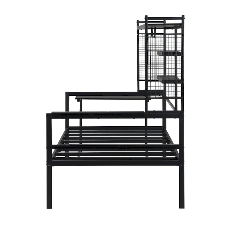 Versatile Daybed with Movable Desk, Metal Sofa Bed Frame with Metal Grid, Shelves and Clothes Hanger, No Box Spring Needed