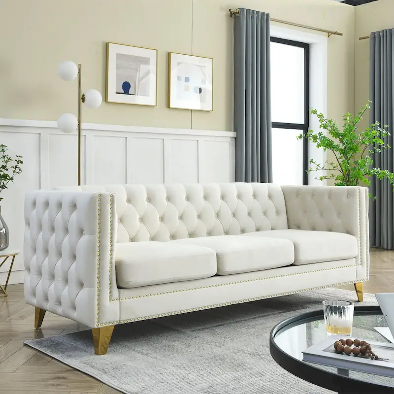 Velvet Sofa for Living Room,Buttons Tufted Square Arm Couch, Modern Couch Upholstered Button and Me
