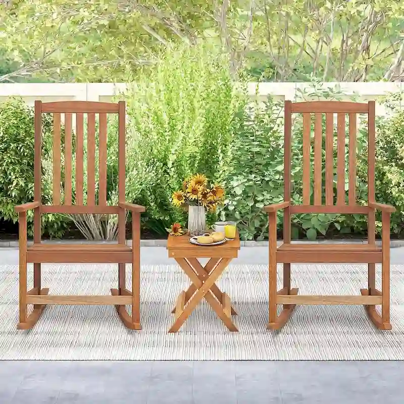 2pcs Patio Wood Bistro Set Outdoor Rocking Chair& Folding Table Set