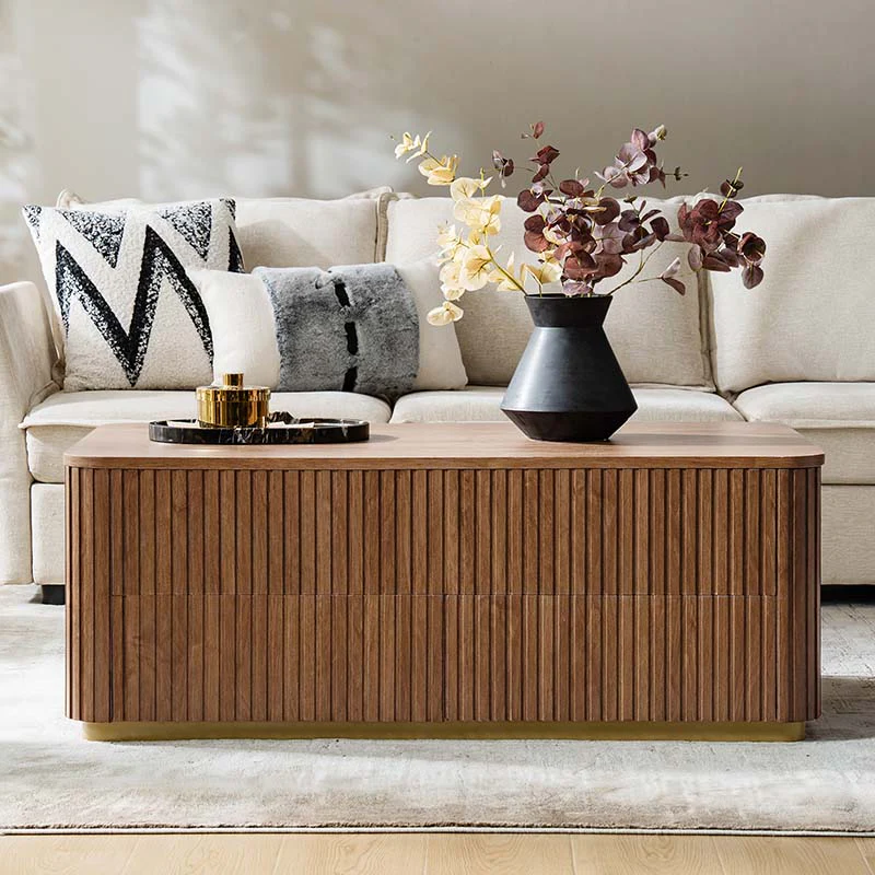 Lift-Top Coffee Table with Hidden Compartment, 2 Side Drawers & Slatted Design | Acorn / Natural | Single