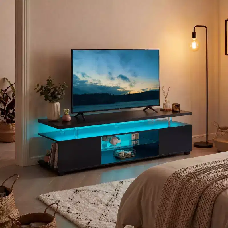 JVNOXK TV Stand for 70 Inch TV LED Gaming Entertainment Center Media Storage Console Table with Large Side Cabinet for Living Room Black