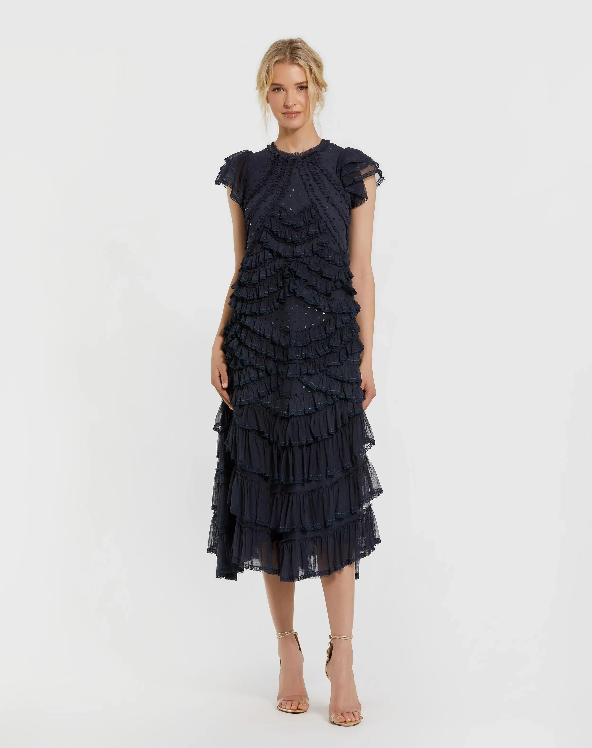 Navy High Neck Cap Sleeve Micro Ruffle Midi Dress