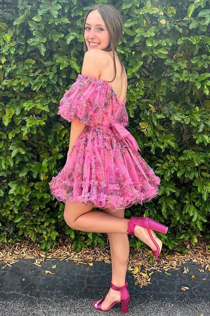 Fuchsia A Line Off the Shoulder Printed Homecoming Dress