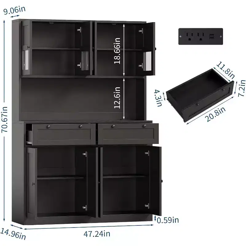 Tall Kitchen Pantry Cabinet, Storage Hutch with Microwave Stand and Drawers for Kitchen Dining Room Living Room