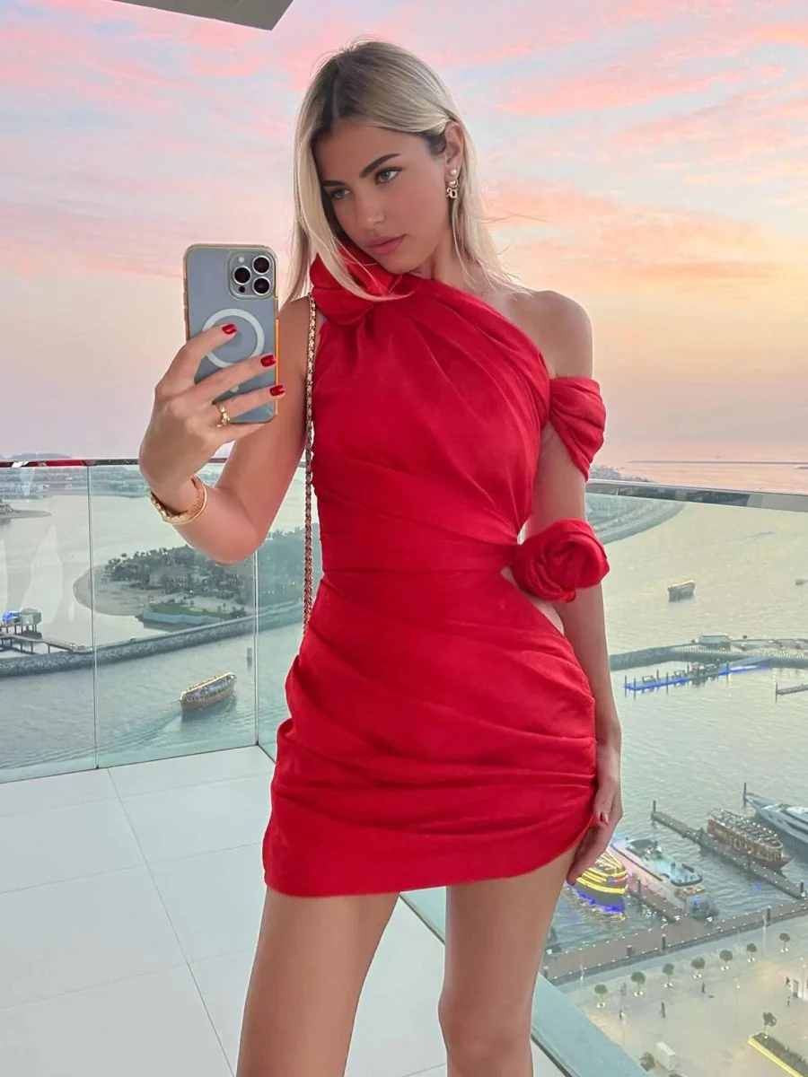 Red - Sheath One Shoulder Pleated Short Homecoming Dresses With Flowers