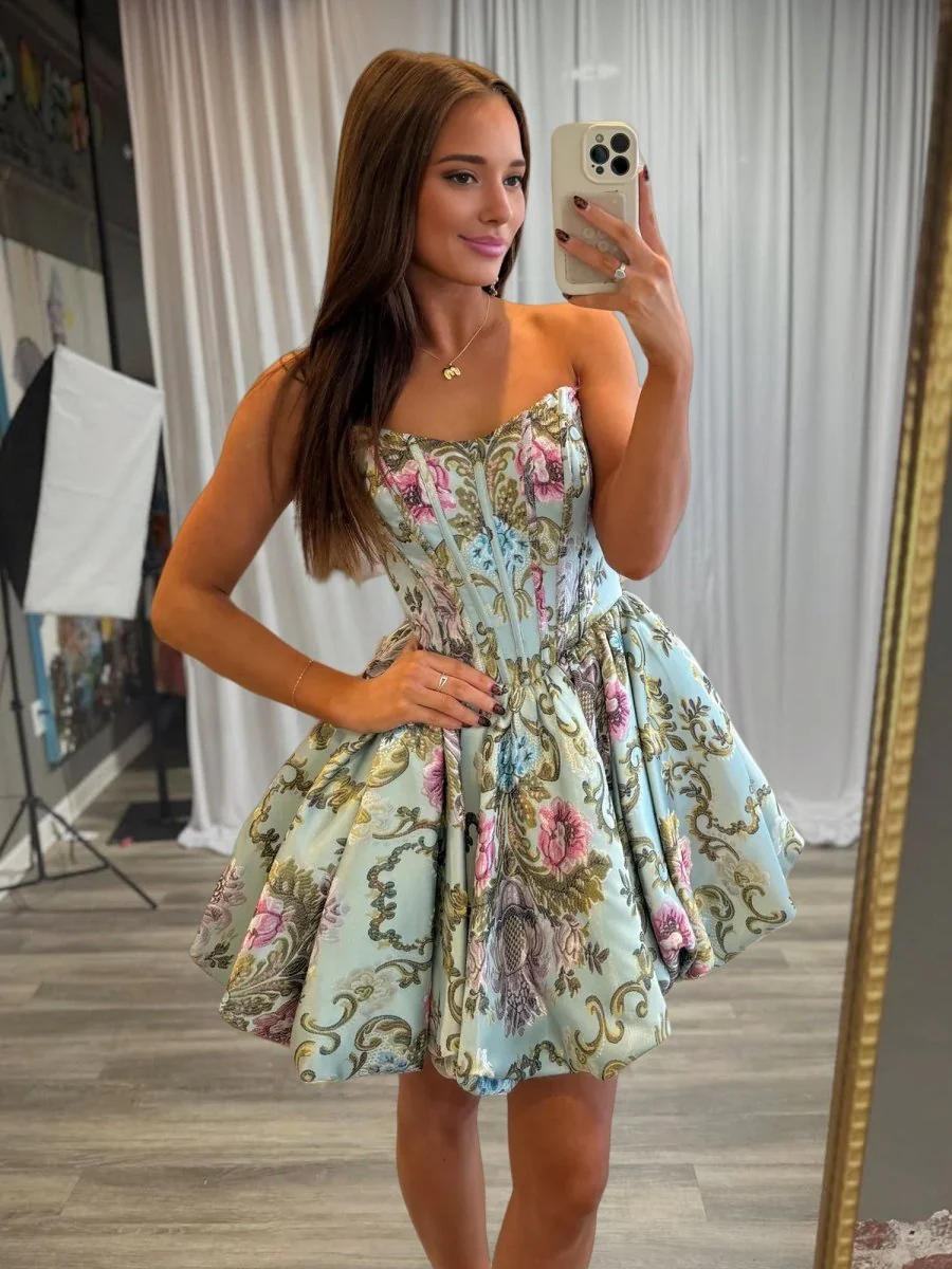 Sky Blue - A Line Brocade Strapless Corset Floral Homecoming Dress with Bubble Hem