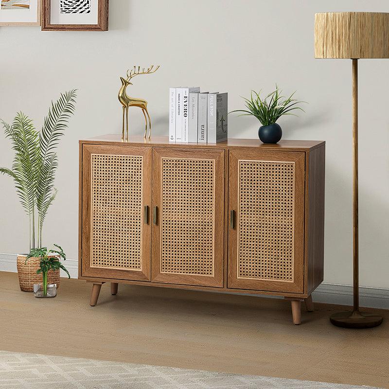 3-Door Rattan Accent Cabinet with 4 Interior Shelves, Retro Metal Pulls & Solid Wood Legs | Walnut / Black / Espresso | Single