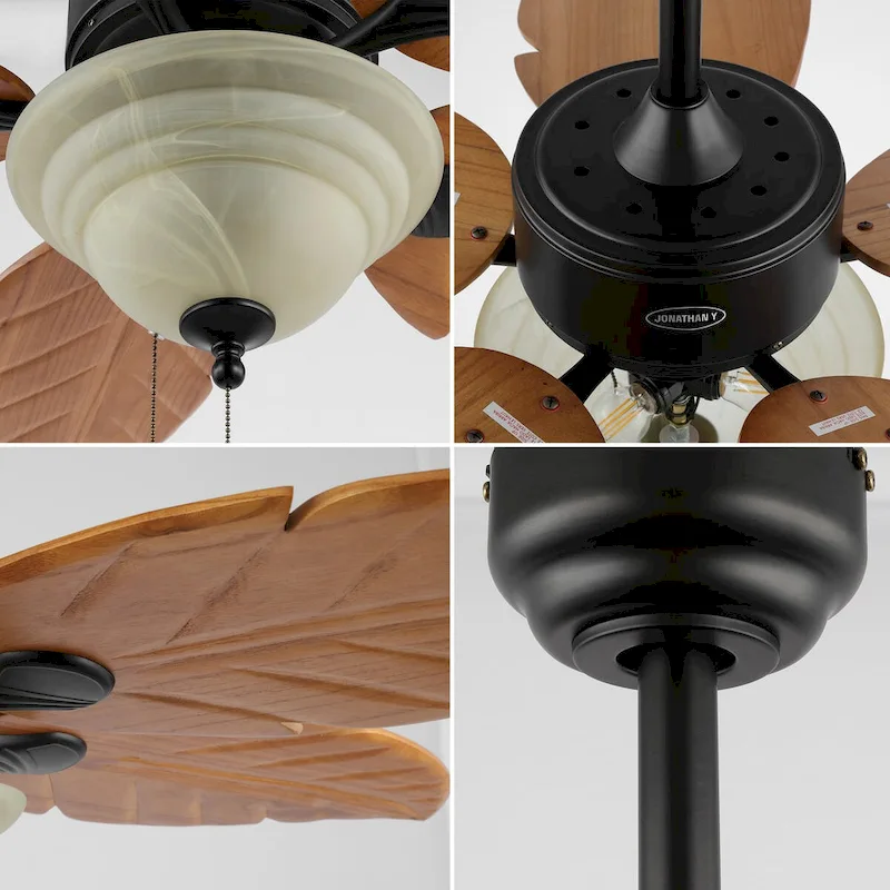 Owen 52  3-Light Coastal Bohemian Iron/Wood Palm Leaf LED Ceiling Fan with Pull Chain, by JONATHAN Y