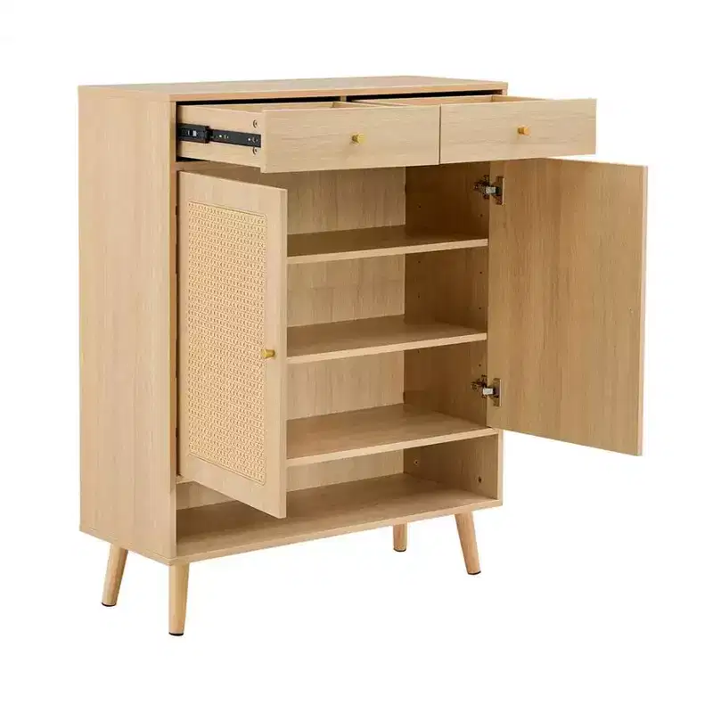 Wood Color Rattan Shoe Cabinet Modern Minimalist Storage Cabinet for Hallway & Living Room