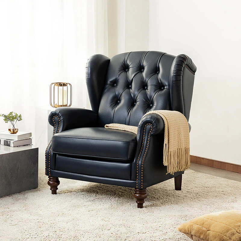 Genuine Leather Wingback Armchair with Diamond Tufting & Nailhead Trim | Navy / Brown / Burgundy / Black | Single Seat