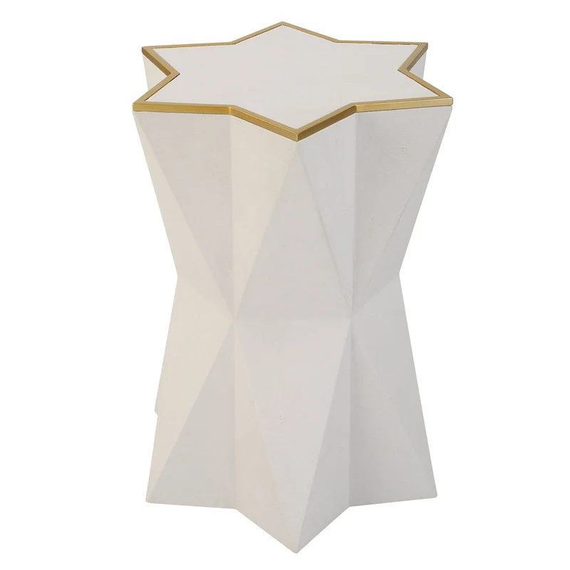 Star-Shaped Accent Table with Faux Shagreen Wrap & Gold Trim – White / Gold, 1-Person Use