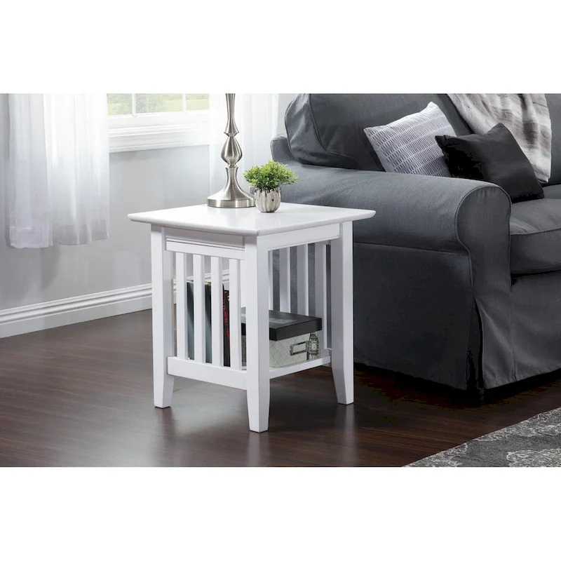 Mission Style End Table, Solid Hardwood, 5-Step Finish, Square Top, Walnut / Espresso / White / Grey, 1-Person Use