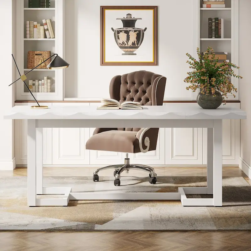 Brown Rectangular Desk with Solid Wood Legs - 62.2 inch