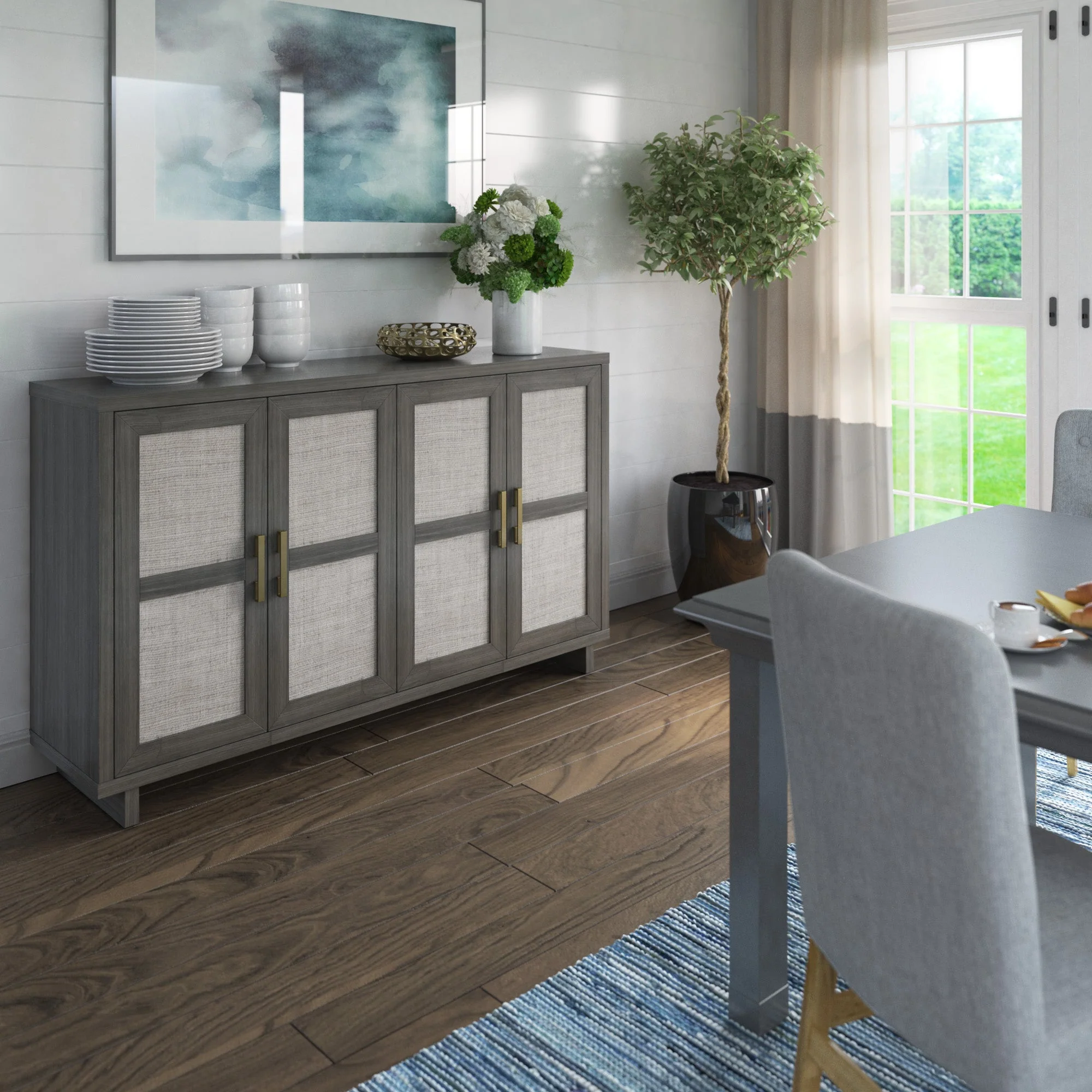 Boho Coastal Linen Design Buffet Sideboard with Shelving Storage