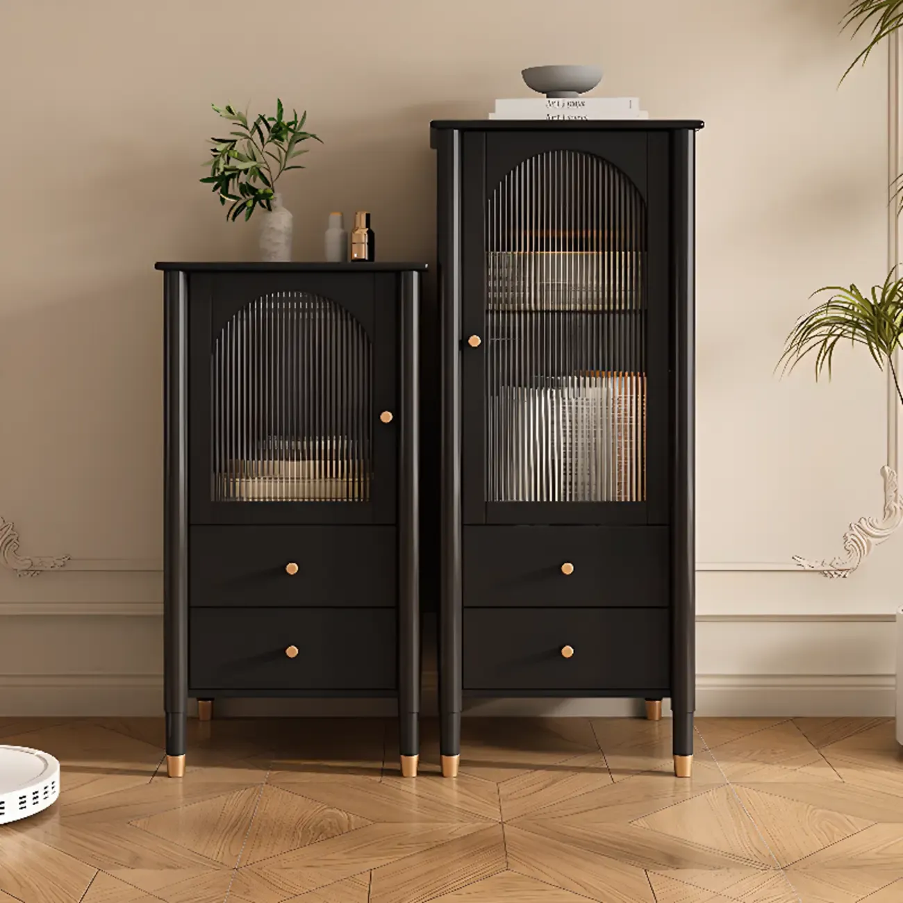 Modern Black Gold Wood Adjustable Shelves Glass Door Cabinet