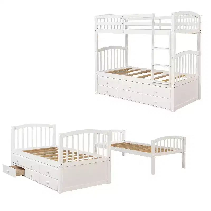 Luxystar Modern Twin Over Twin Bunk Bed With Trundle and 3 Drawers