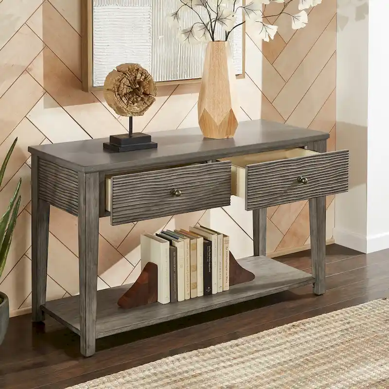 Antique Grey Finish Grey Fiber Cement Sofa Table with Shelf