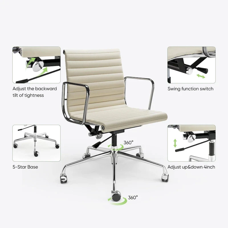 Low Back Genuine Leather Ergonomic Computer Ribbed Office Chair