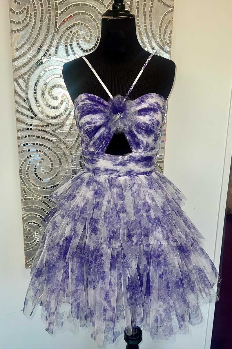 Straps Purple Floral Print Keyhole Ruffle Homecoming Dress