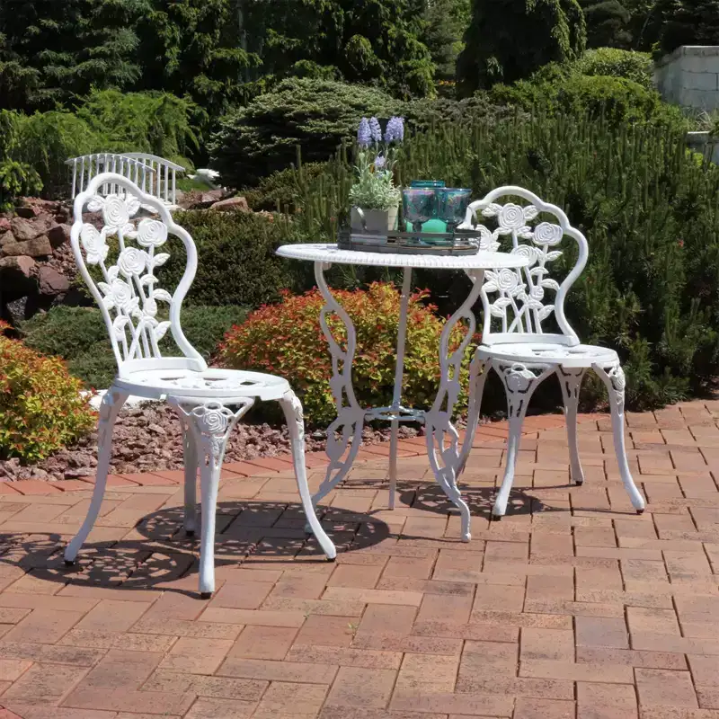 Sunnydaze Flower Design Cast Aluminum Bistro Set with Cast Iron Legs, White, 3pc