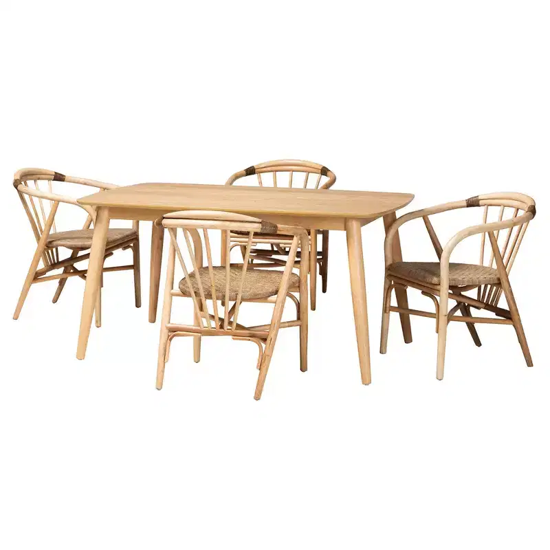 Baxton Studio Kyoto Modern Bohemian Natural Brown Finished Wood and Rattan 5-Piece Dining Set