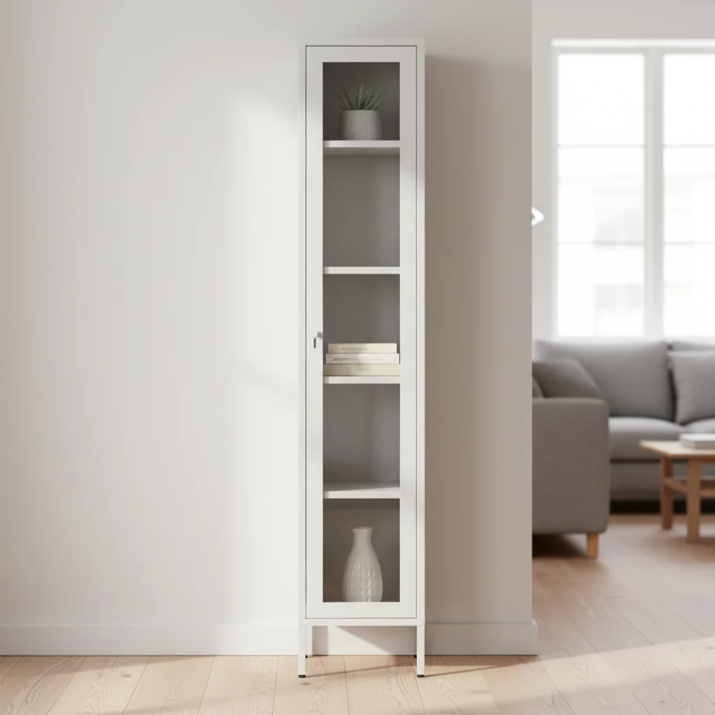 71-Inch Tall Storage Cabinet, Acrylic Clear Door, Adjustable Metal Shelves, Steel Frame, White, 1-Person Use