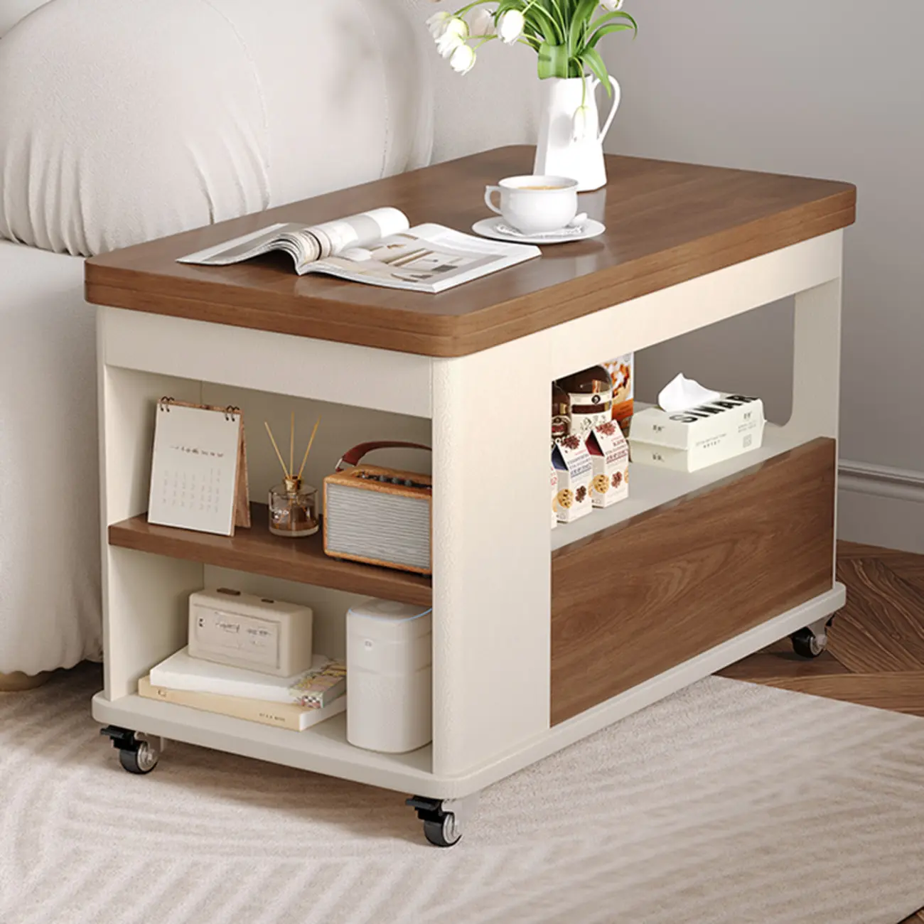 Versatile Elegant Modern Wooden Side Table with Wheels