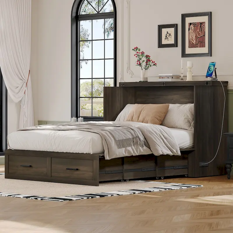 Wooden Foldable Murphy Cabinet Bed Platform Bed Bottom Large Storage Drawer Side with Outlets and USB Ports
