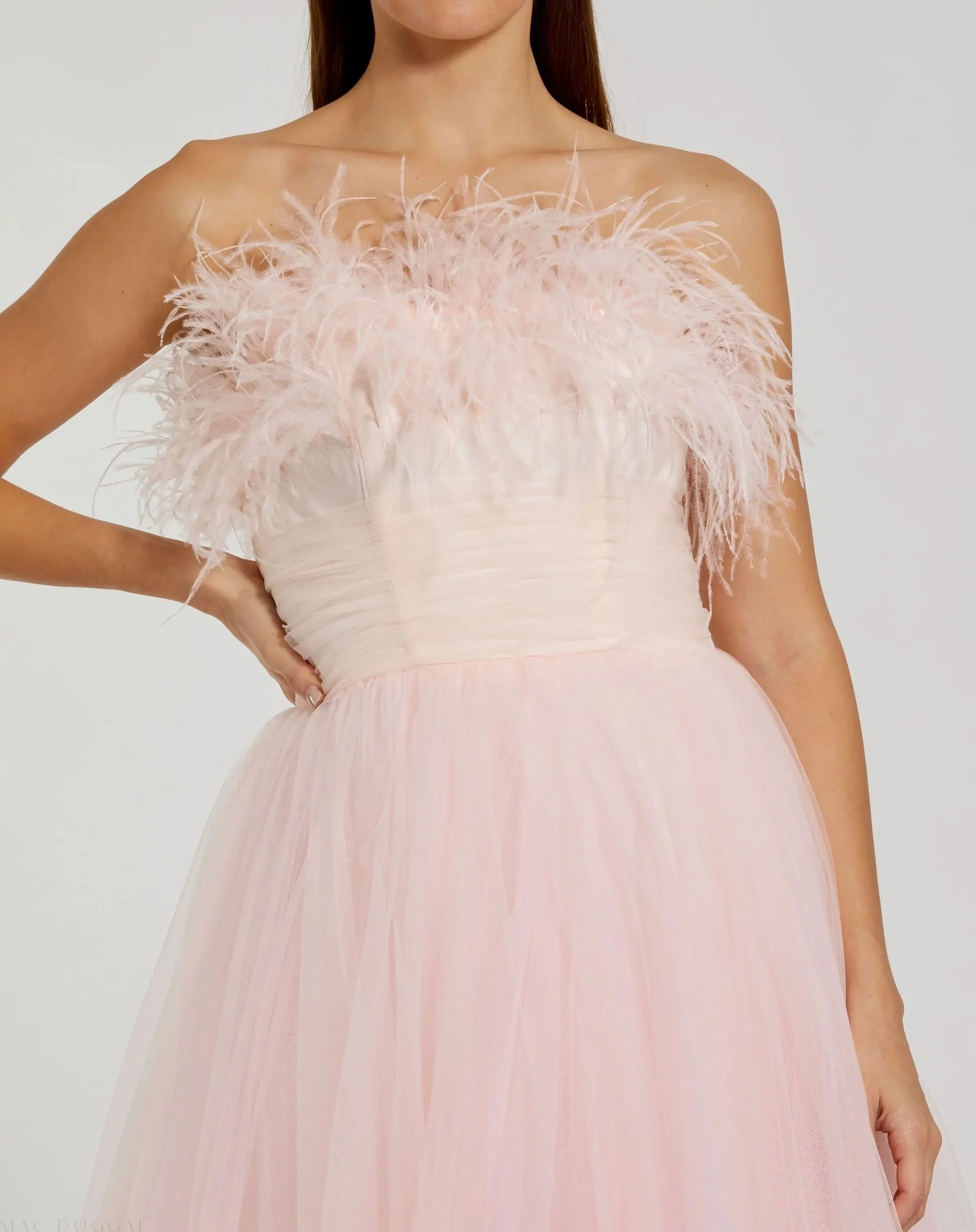Pink Ombre Strapless Feather Bodice Tulle Gown