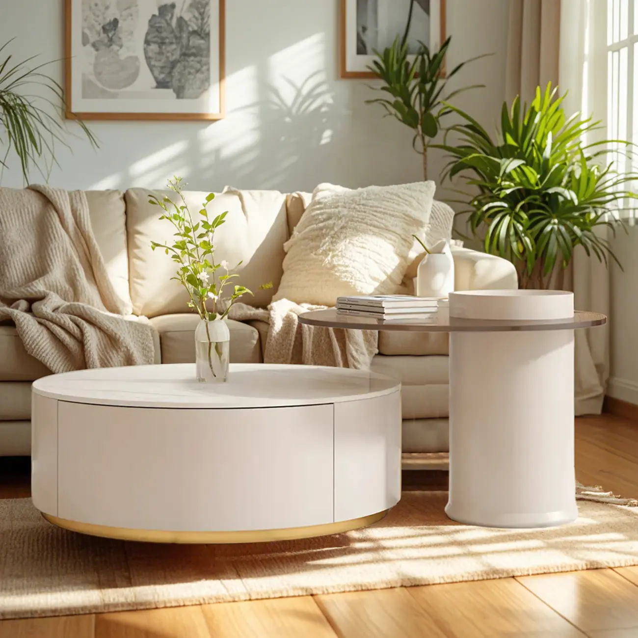 White Modern Round Drum Wood Drawer Coffee Table