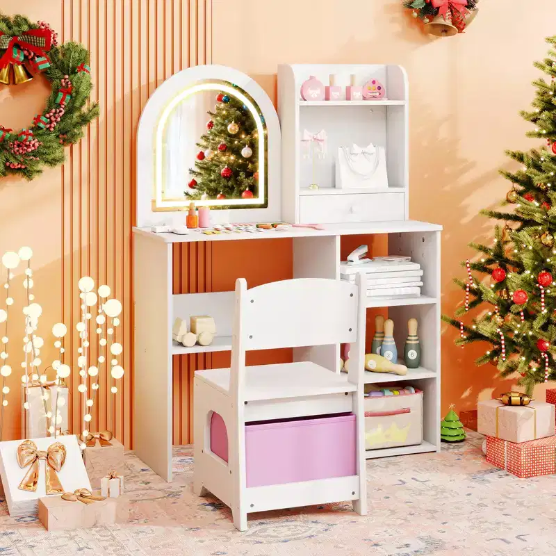 Costway Kids Vanity Set Princess Girls Makeup Vanity Desk w/ 3-Color LED Lighted Mirror White