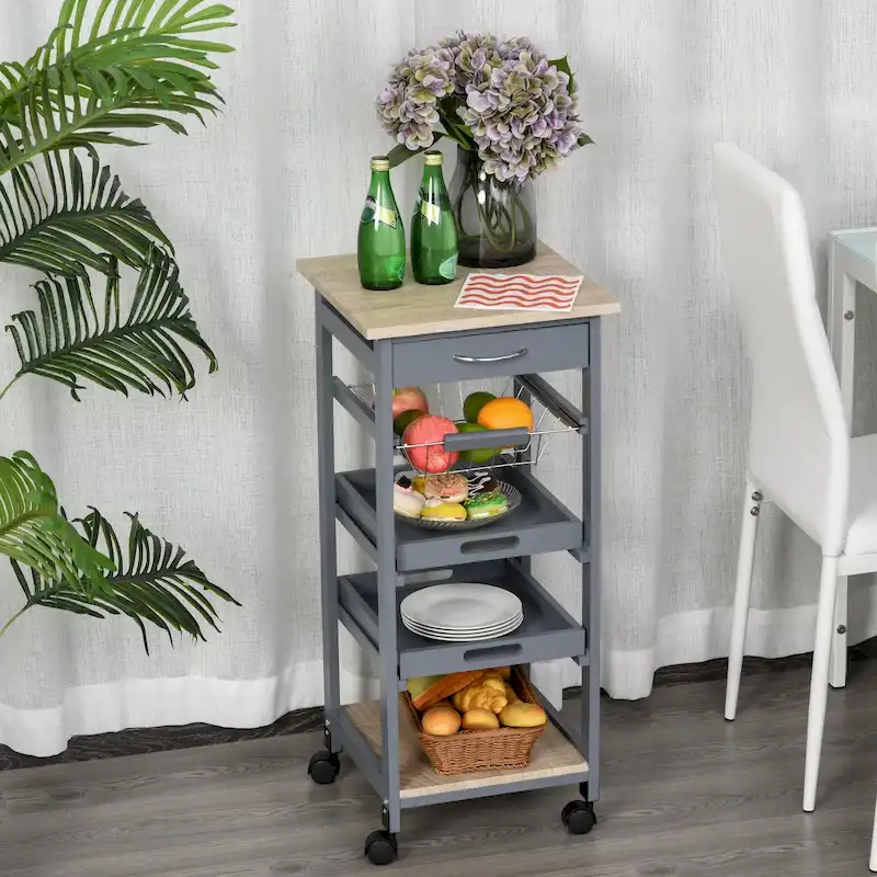Mobile Rolling Kitchen Island Trolley Serving Cart with Drawer & Slide-Out Wire Storage Basket