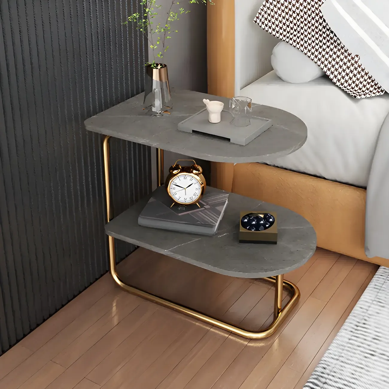 Stone Countertop Open Storage Metal Nightstand