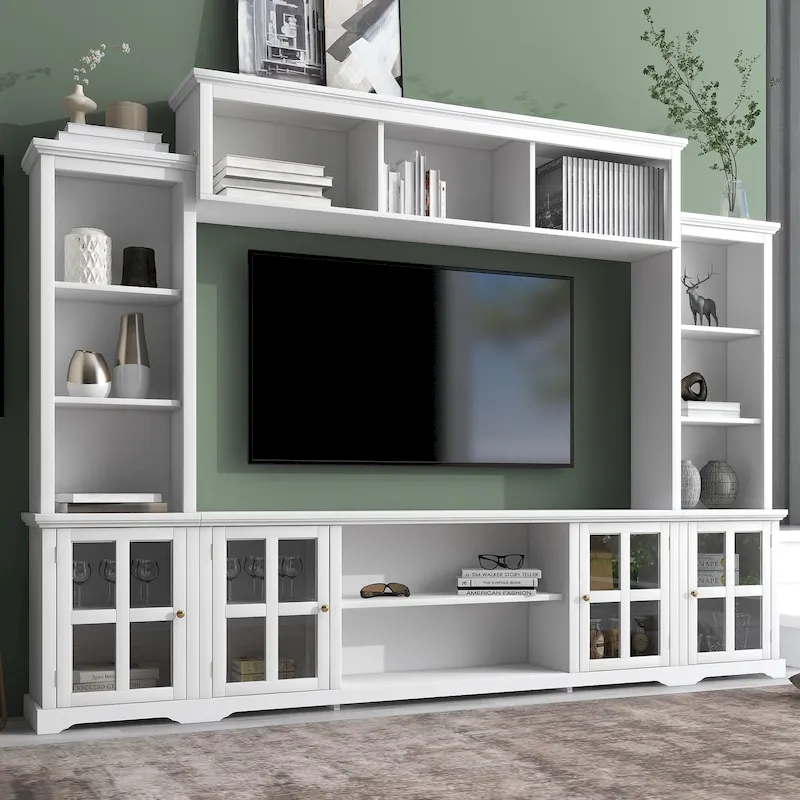White / Black Entertainment Wall Unit with Tempered Glass Doors and Bridge – Fits TVs up to 70 in