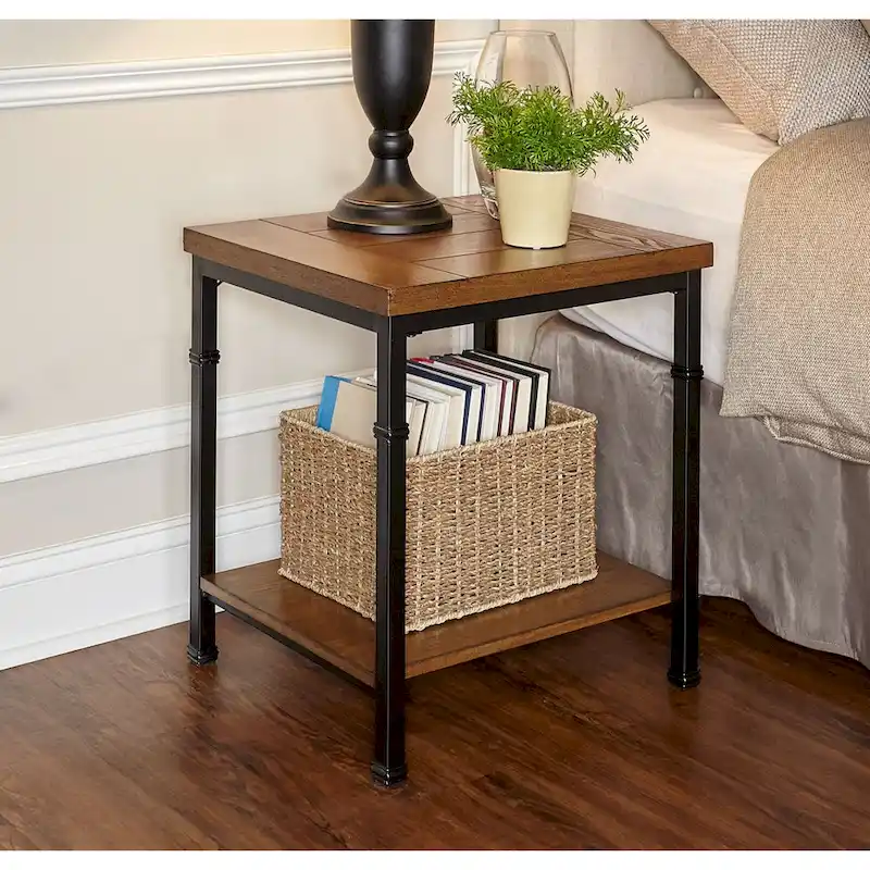 Industrial End Table with Bottom Shelf - 22 - Brown and Black