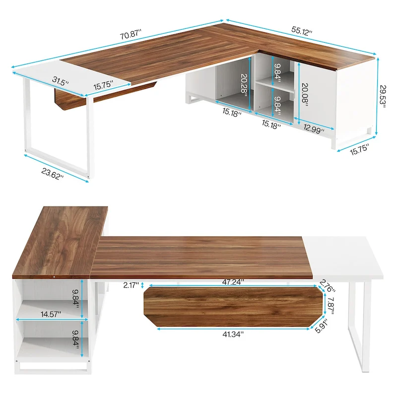 Walnut L-Shaped Executive Desk with File Cabinet