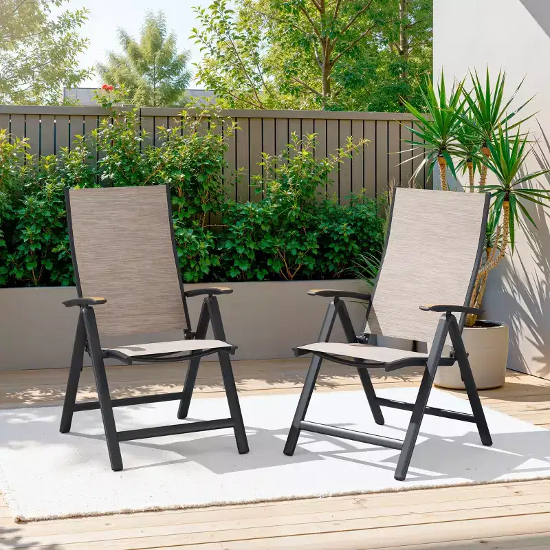 Crestlive Products 2pcs Aluminum Patio Outdoor Foldable Dining Chairs with All Weather Textilene and Teak Handrails
