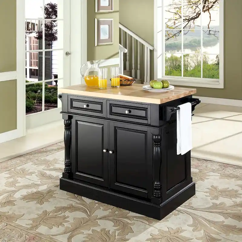 Butcher Block Top Stationary Kitchen Island with Storage – Black