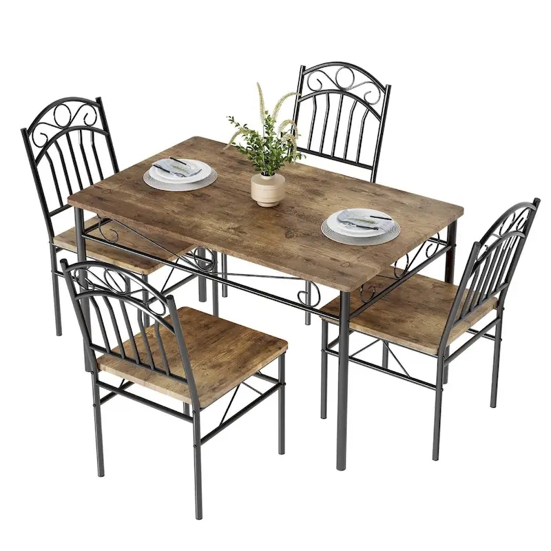 Brown Retro Rectangular Dining Table Set, Farmhouse Style, Seats 4