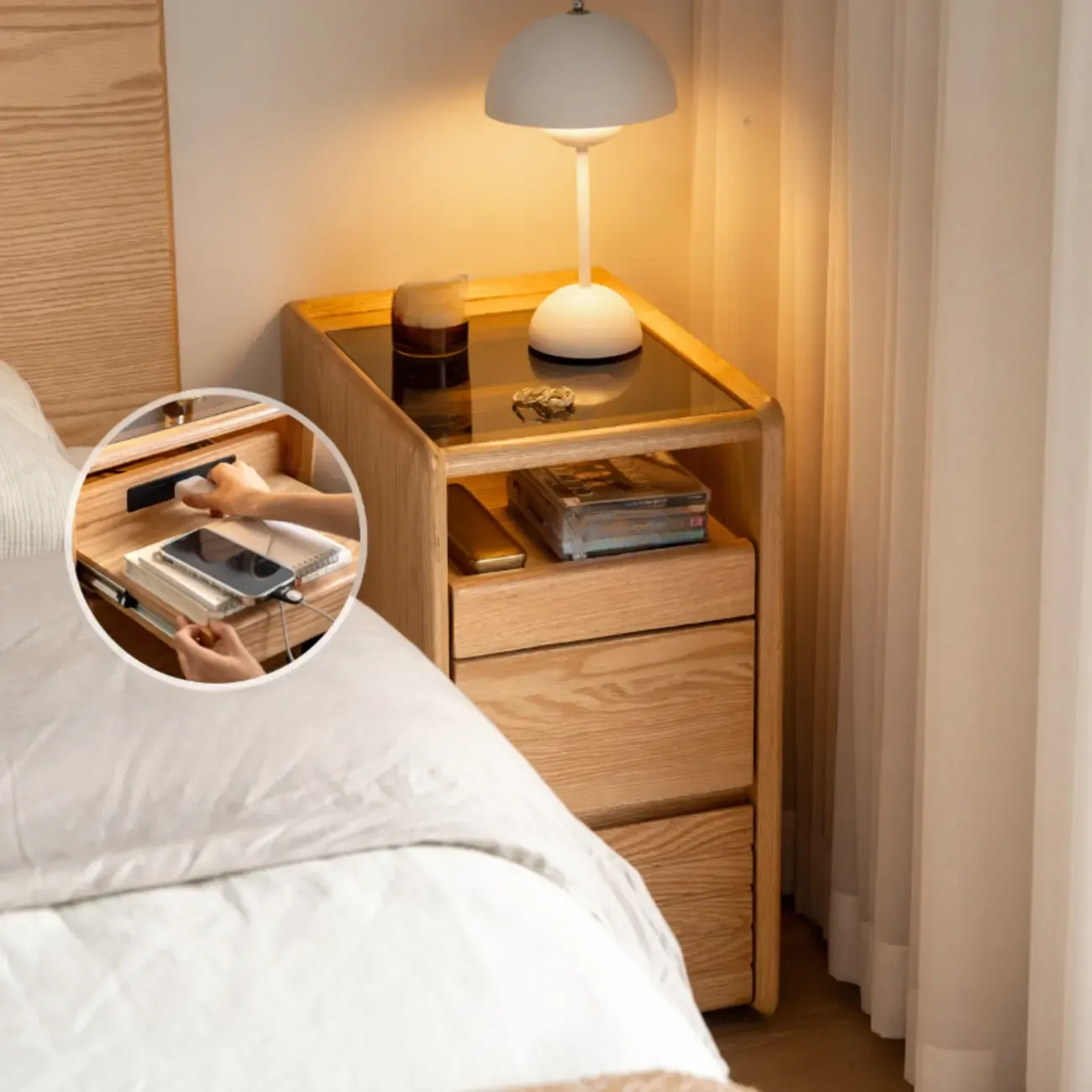 Natural Wooden Multi-Drawer Nightstand with Glass Top