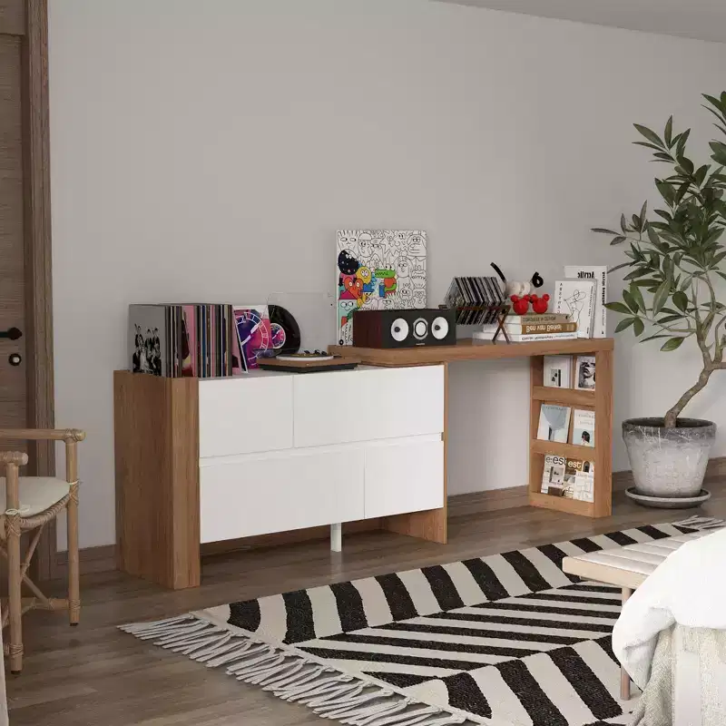Famapy Brown and White Rotatable Make up Vanity Table With Storage Drawers