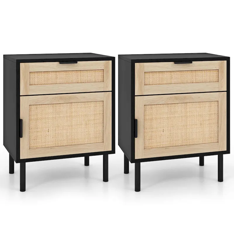 Costway Rattan Nightstand Set of 2 Mid Century Modern End Table with - See Details