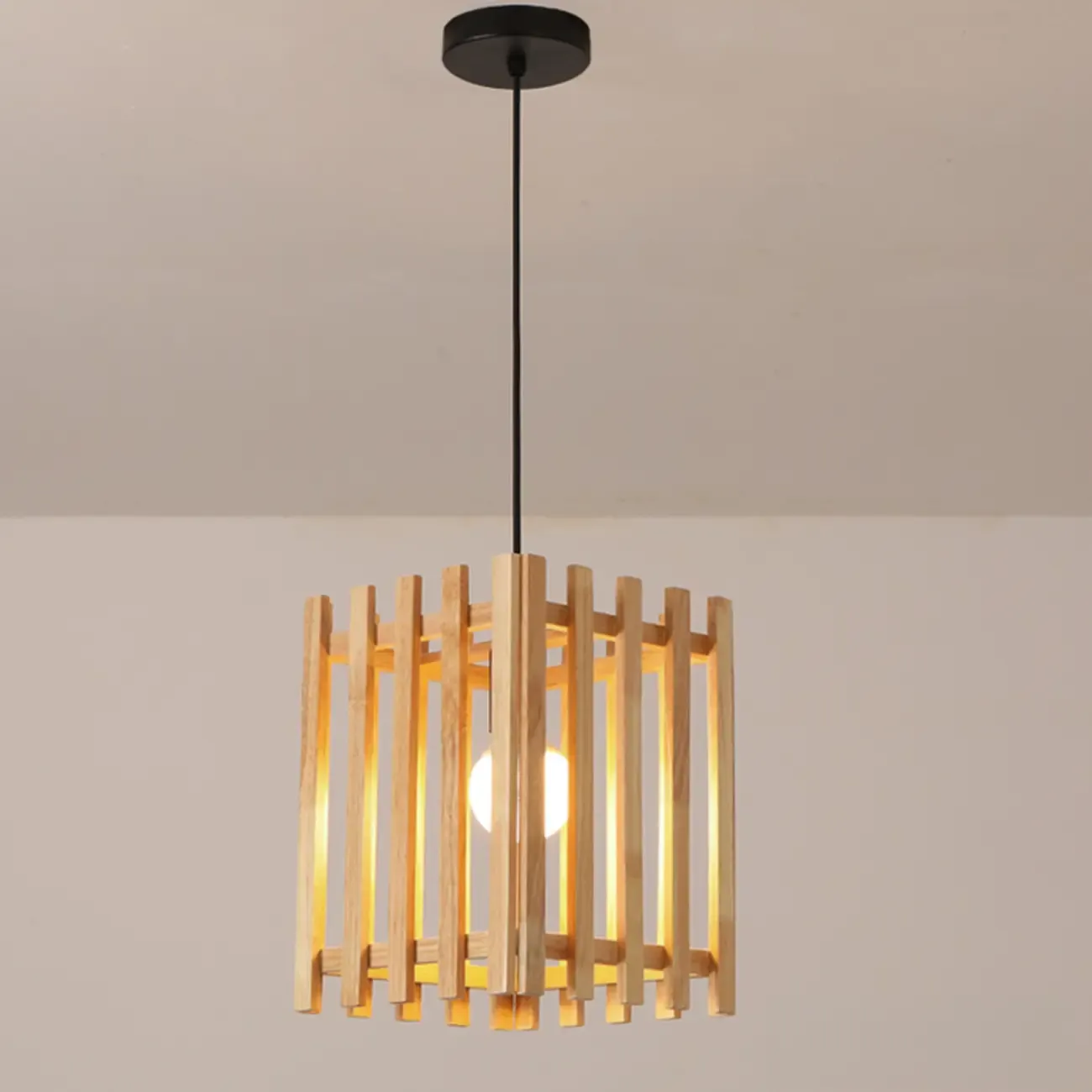 Adjustable Height Rustic Cylinder Wooden Pendant Light