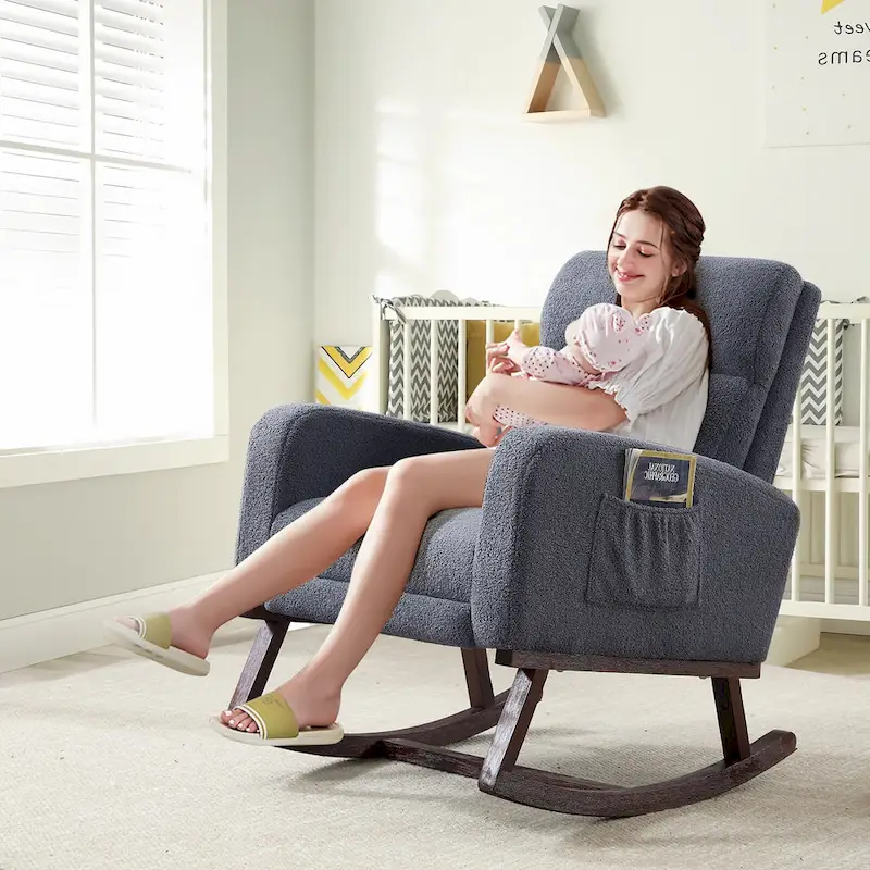 Linen Rocking Chair with Footrest and Side Pocket
